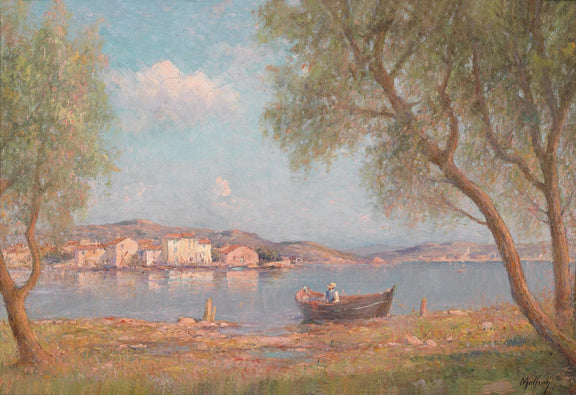Hand-painted lakeside village with rowboat landscape oil painting on canvas