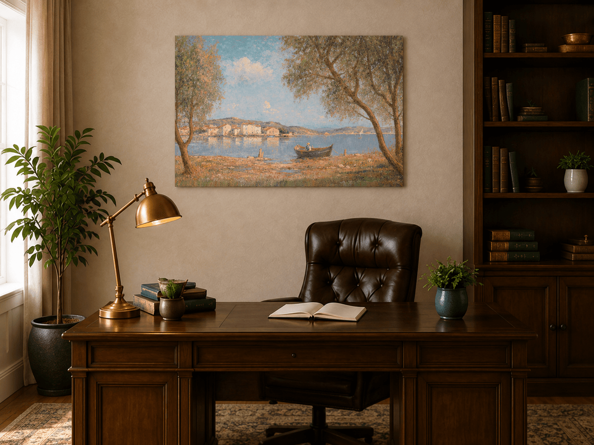 Landscape Oil Painting - Lakeside Village with Rowboat