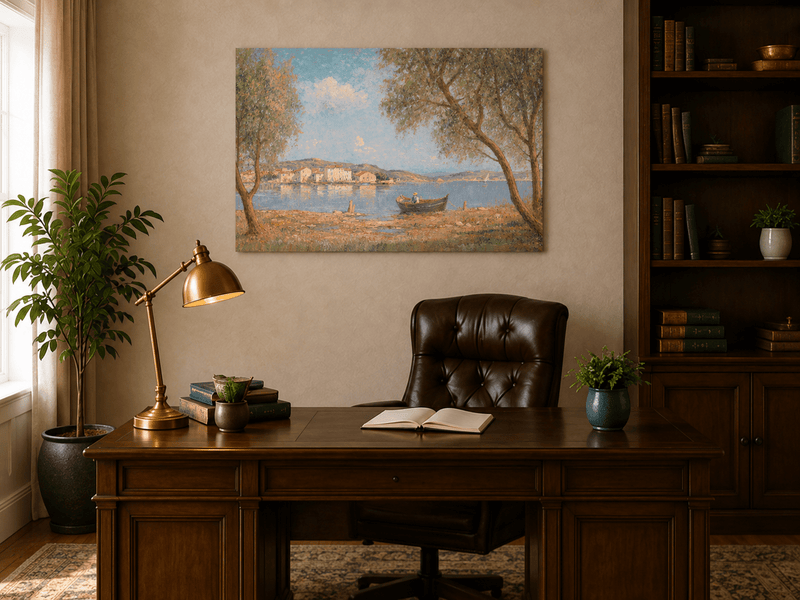 Landscape Oil Painting - Lakeside Village with Rowboat