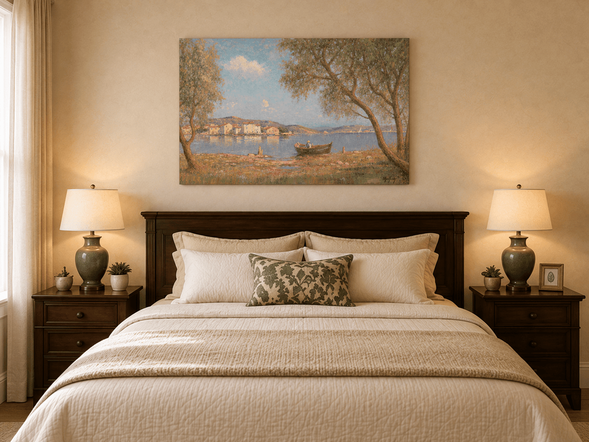 Landscape Oil Painting - Lakeside Village with Rowboat