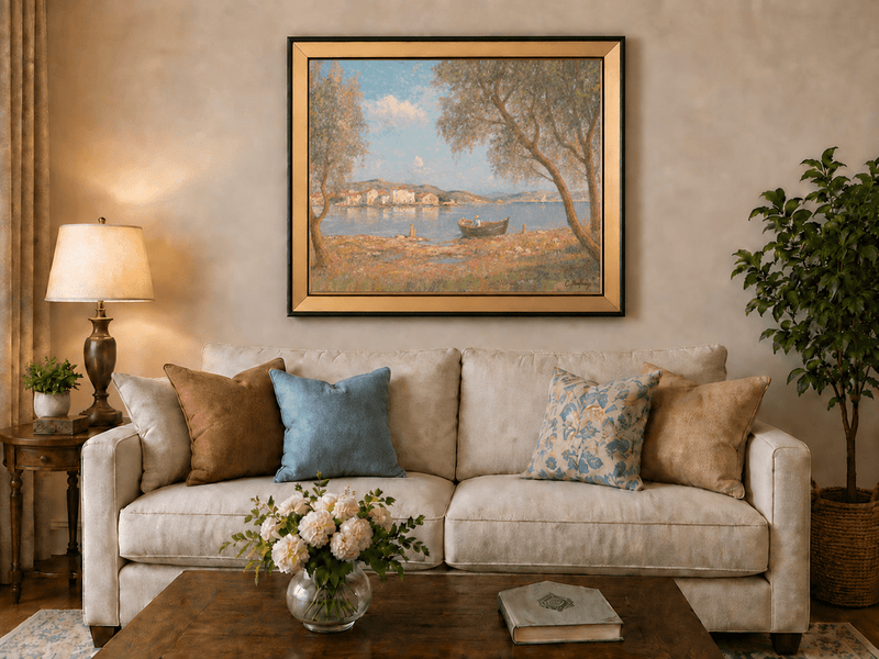 Landscape Oil Painting - Lakeside Village with Rowboat