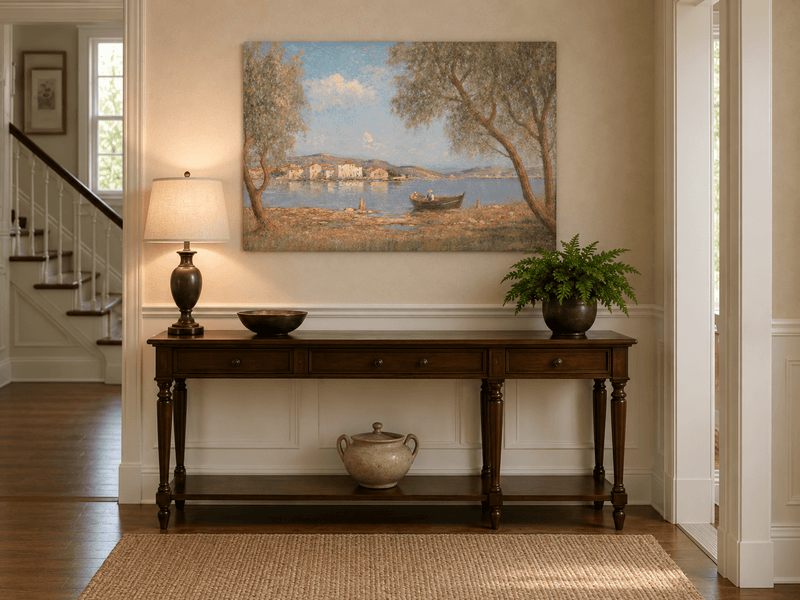 Landscape Oil Painting - Lakeside Village with Rowboat