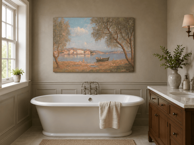 Landscape Oil Painting - Lakeside Village with Rowboat