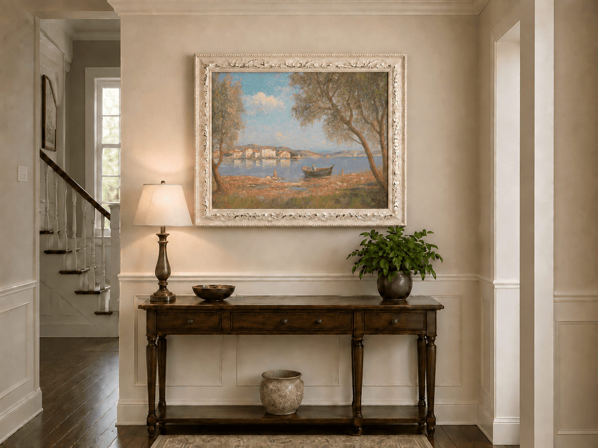 Landscape Oil Painting - Lakeside Village with Rowboat