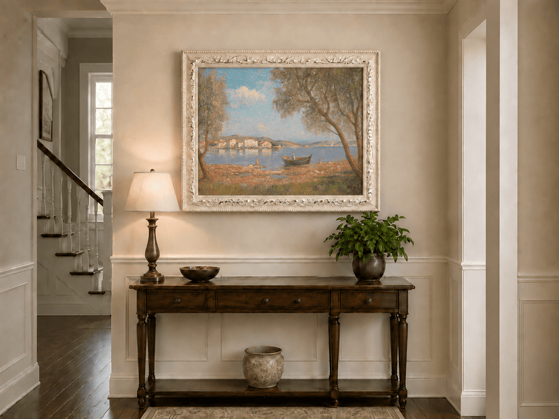 Landscape Oil Painting - Lakeside Village with Rowboat