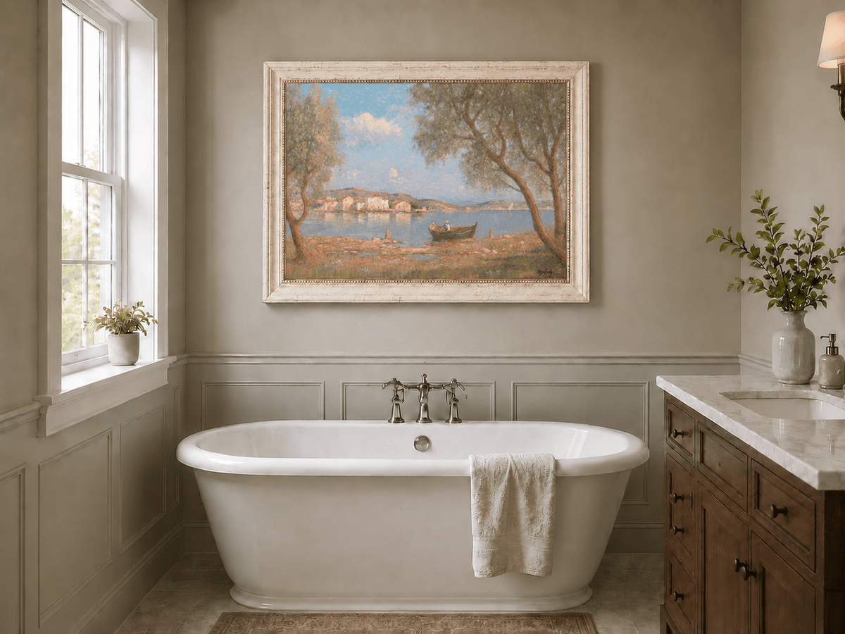 Landscape Oil Painting - Lakeside Village with Rowboat