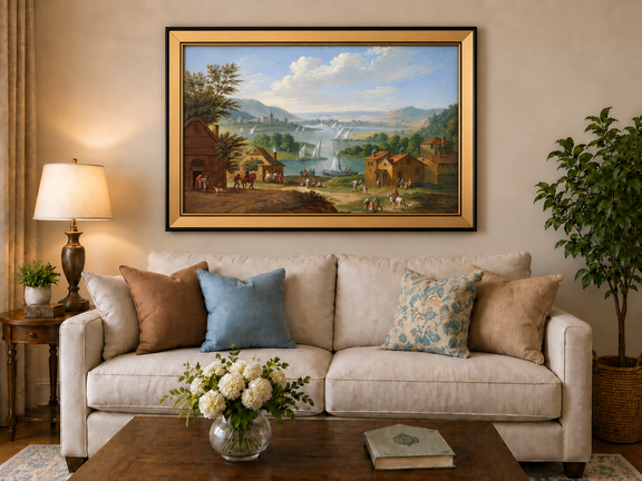 Hand-painted Lakeside Village with Sailboats landscape oil painting displayed as wall art in a styled interior