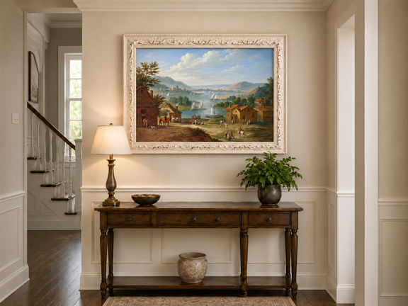 Hand-painted Lakeside Village with Sailboats landscape oil painting displayed as wall art in a styled interior