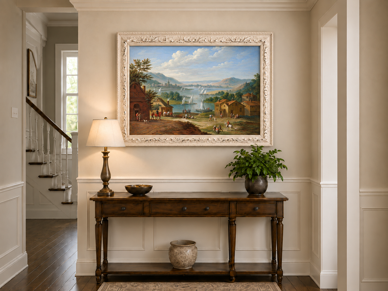 Hand-painted Lakeside Village with Sailboats landscape oil painting displayed as wall art in a styled interior