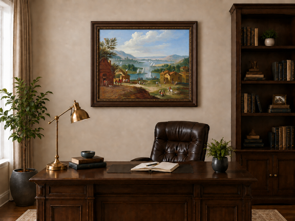 Hand-painted Lakeside Village with Sailboats landscape oil painting displayed as wall art in a styled interior