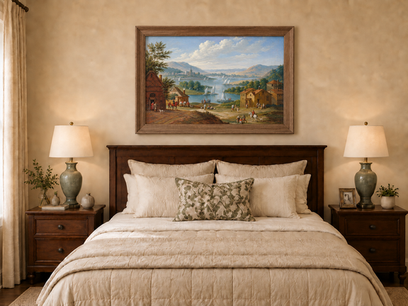 Hand-painted Lakeside Village with Sailboats landscape oil painting displayed as wall art in a styled interior