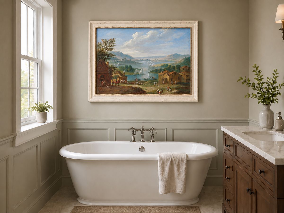 Hand-painted Lakeside Village with Sailboats landscape oil painting displayed as wall art in a styled interior