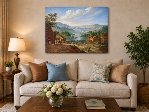 Hand-painted Lakeside Village with Sailboats landscape oil painting displayed as wall art in a styled interior