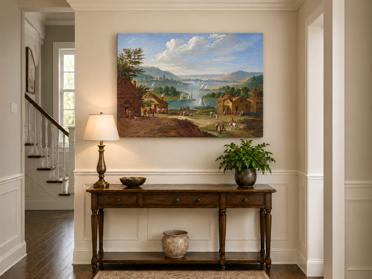 Hand-painted Lakeside Village with Sailboats landscape oil painting displayed as wall art in a styled interior