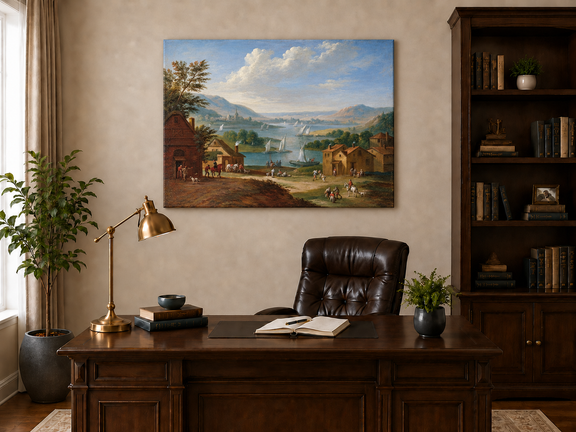 Hand-painted Lakeside Village with Sailboats landscape oil painting displayed as wall art in a styled interior