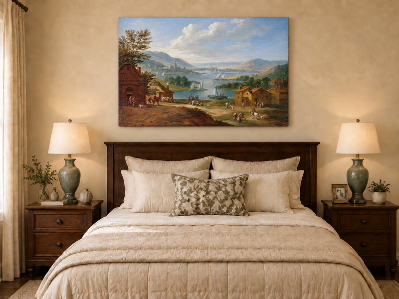 Hand-painted Lakeside Village with Sailboats landscape oil painting displayed as wall art in a styled interior