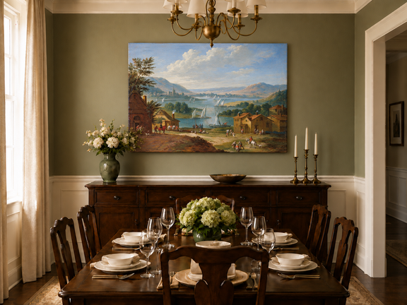 Hand-painted Lakeside Village with Sailboats landscape oil painting displayed as wall art in a styled interior