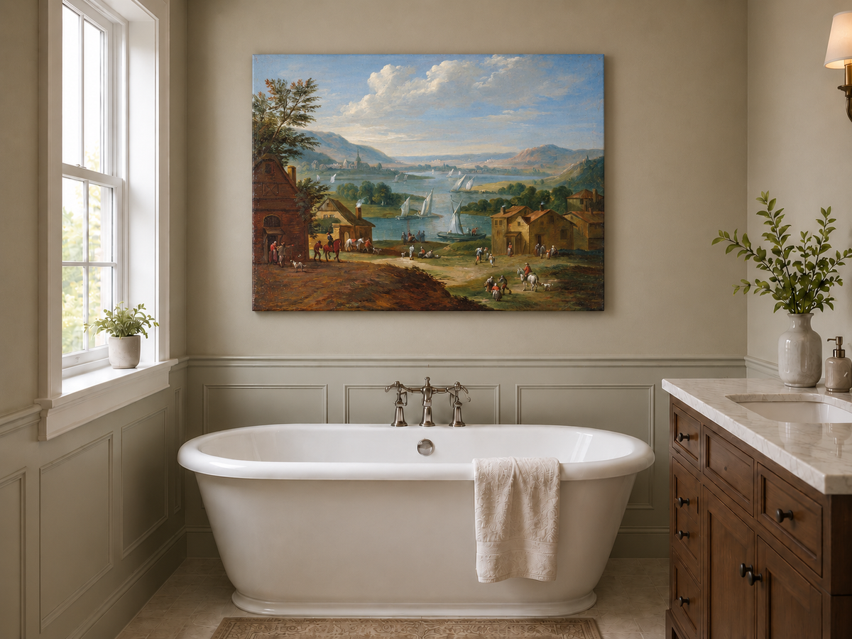 Hand-painted Lakeside Village with Sailboats landscape oil painting displayed as wall art in a styled interior