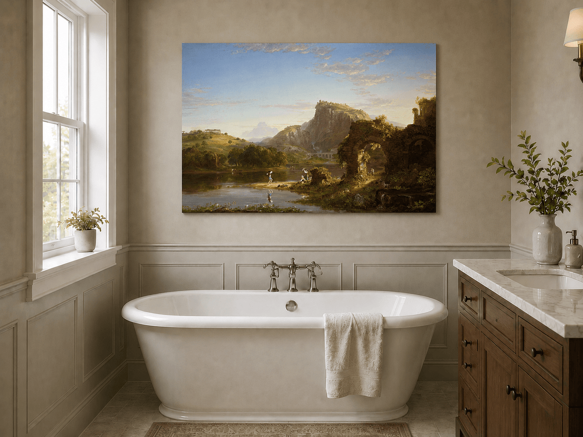 Landscape Oil Painting - Lakeside with Ancient Ruins and Figures