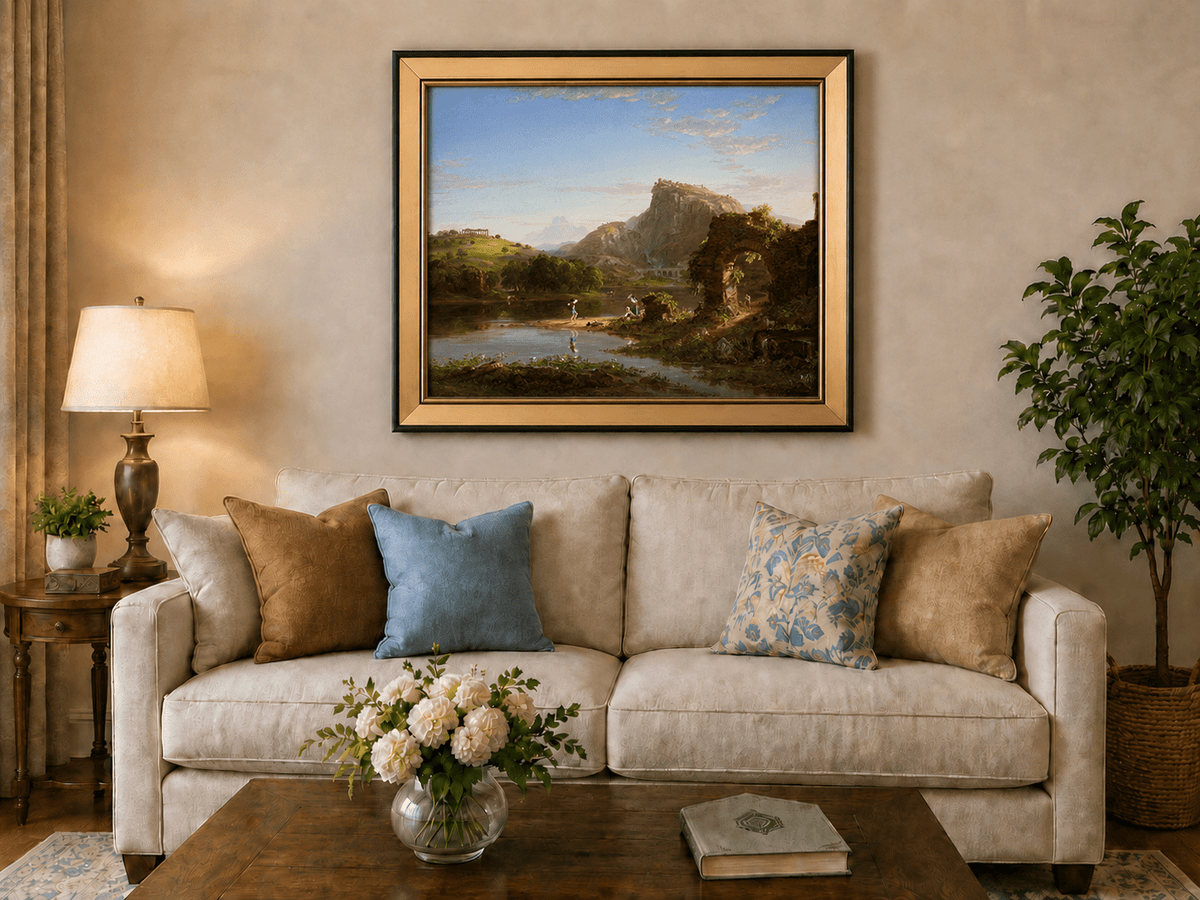 Landscape Oil Painting - Lakeside with Ancient Ruins and Figures
