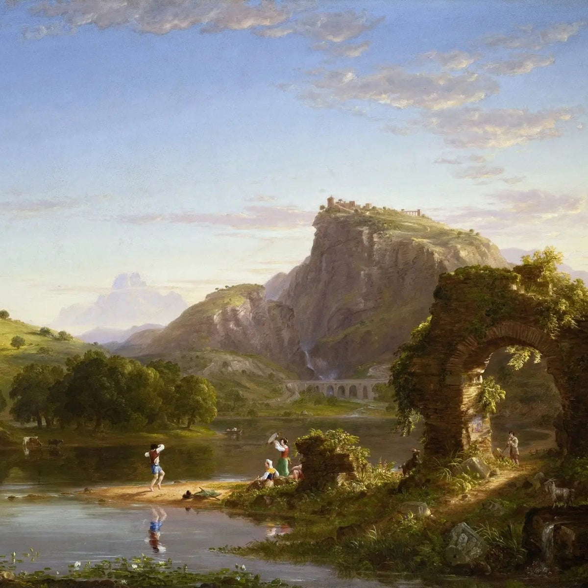 Landscape Oil Painting - Lakeside with Ancient Ruins and Figures - Oil Painting Haven