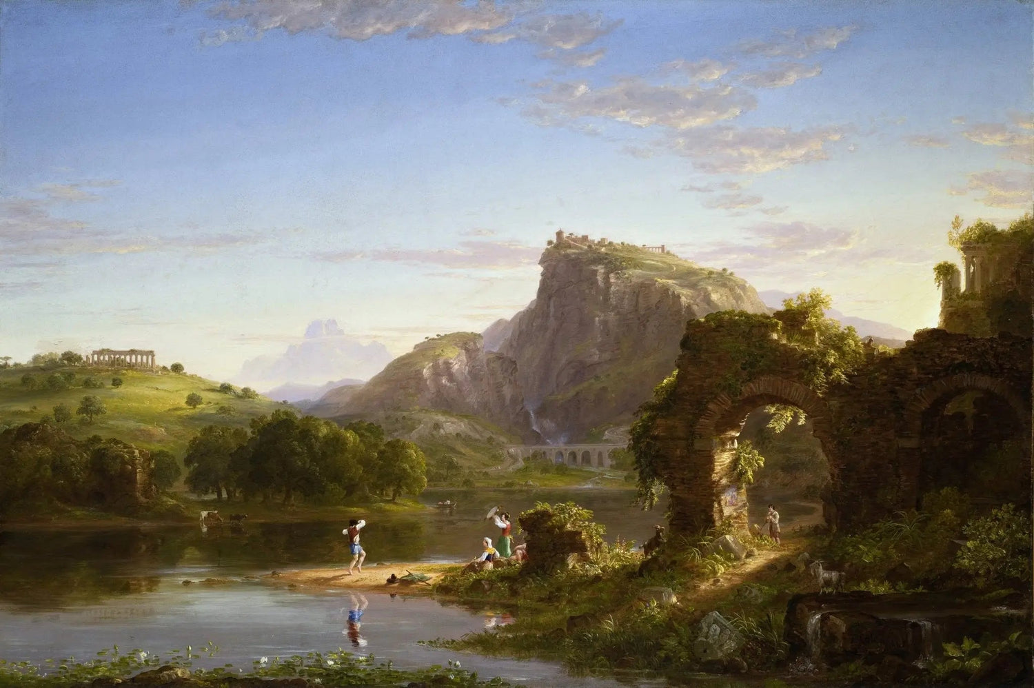 Landscape Oil Painting - Lakeside with Ancient Ruins and Figures - Oil Painting Haven