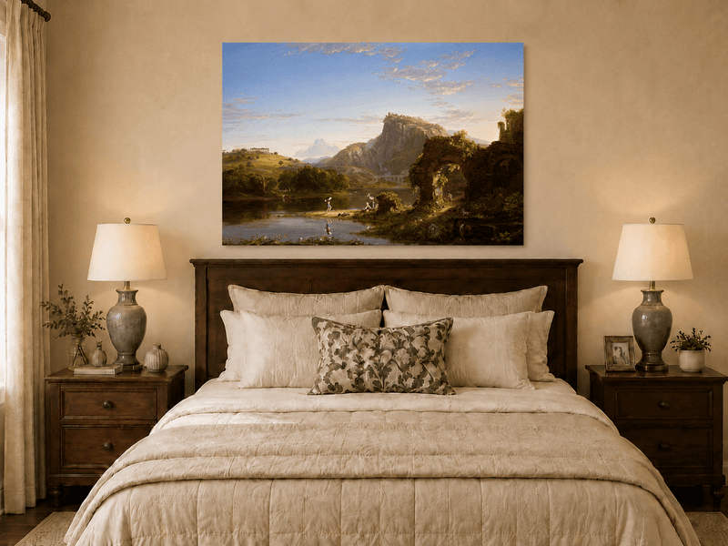 Landscape Oil Painting - Lakeside with Ancient Ruins and Figures