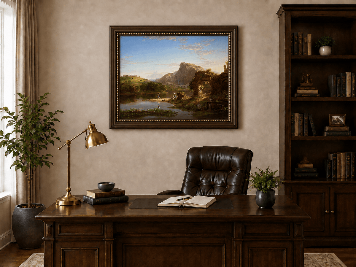 Landscape Oil Painting - Lakeside with Ancient Ruins and Figures