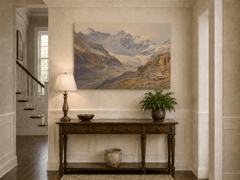Peinture à l'huile de paysage | Vallée enneigée avec sentier rocheux glaciaire