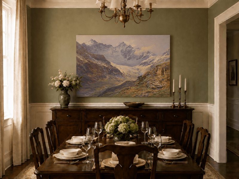 Peinture à l'huile de paysage | Vallée enneigée avec sentier rocheux glaciaire