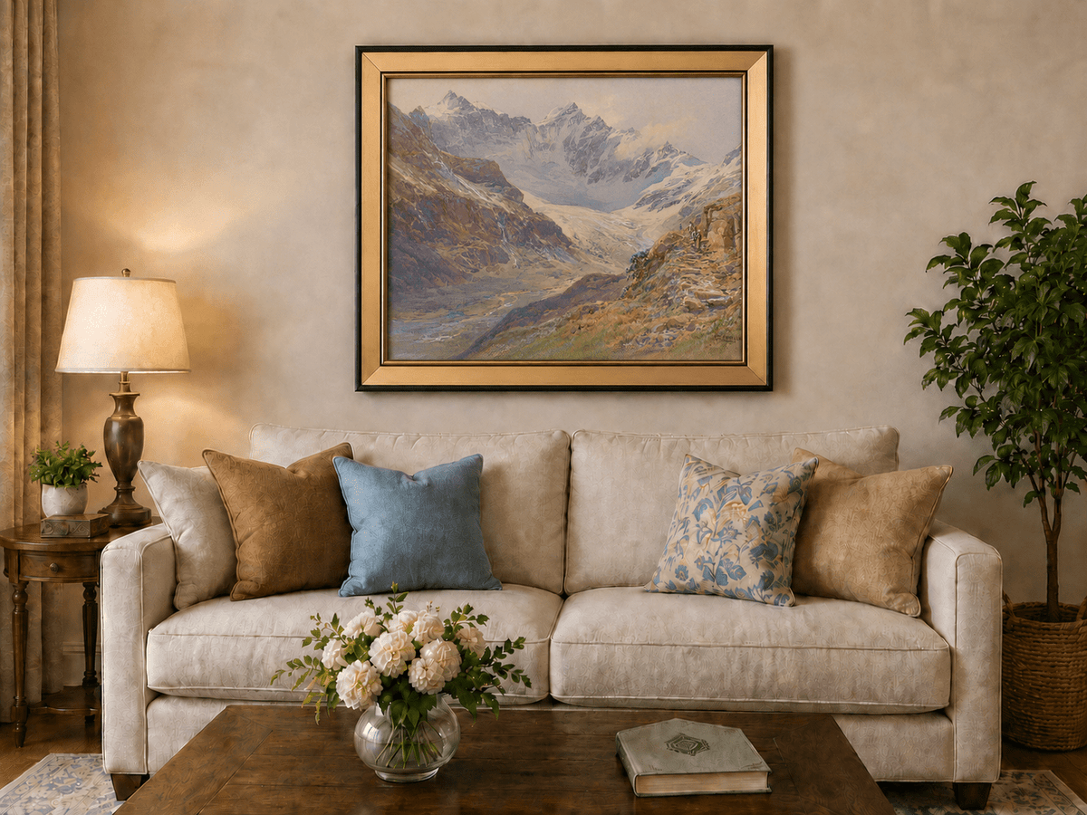 Peinture à l'huile de paysage | Vallée enneigée avec sentier rocheux glaciaire