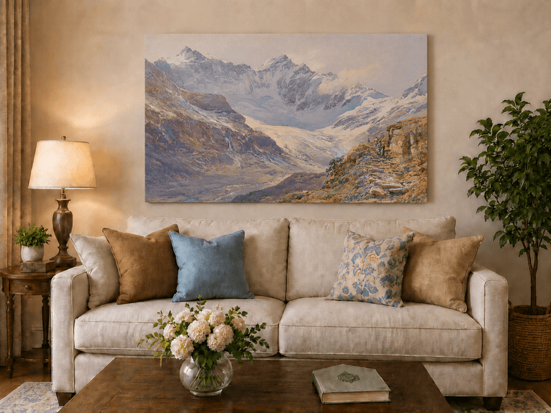 Peinture à l'huile de paysage | Vallée enneigée avec sentier rocheux glaciaire