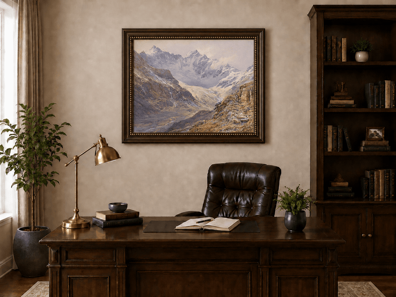 Peinture à l'huile de paysage | Vallée enneigée avec sentier rocheux glaciaire