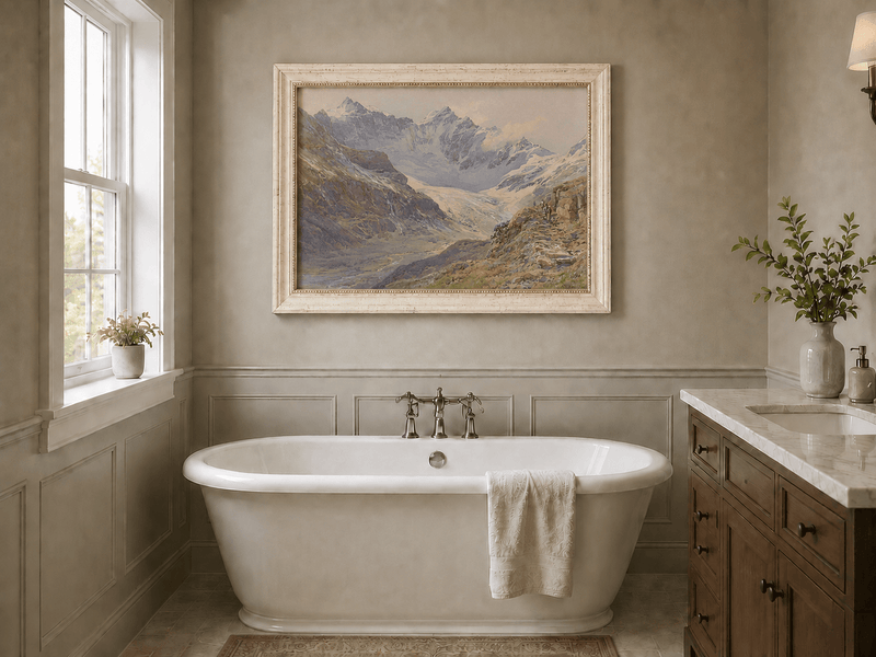 Peinture à l'huile de paysage | Vallée enneigée avec sentier rocheux glaciaire