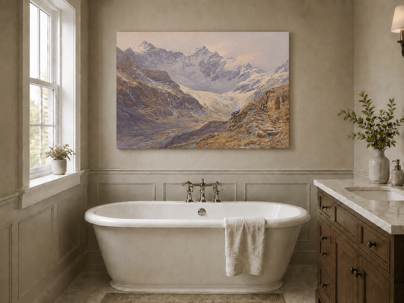 Peinture à l'huile de paysage | Vallée enneigée avec sentier rocheux glaciaire