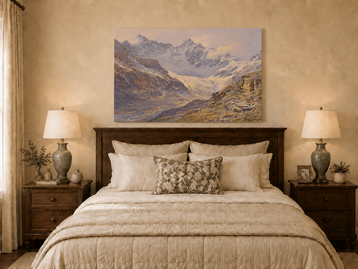 Peinture à l'huile de paysage | Vallée enneigée avec sentier rocheux glaciaire