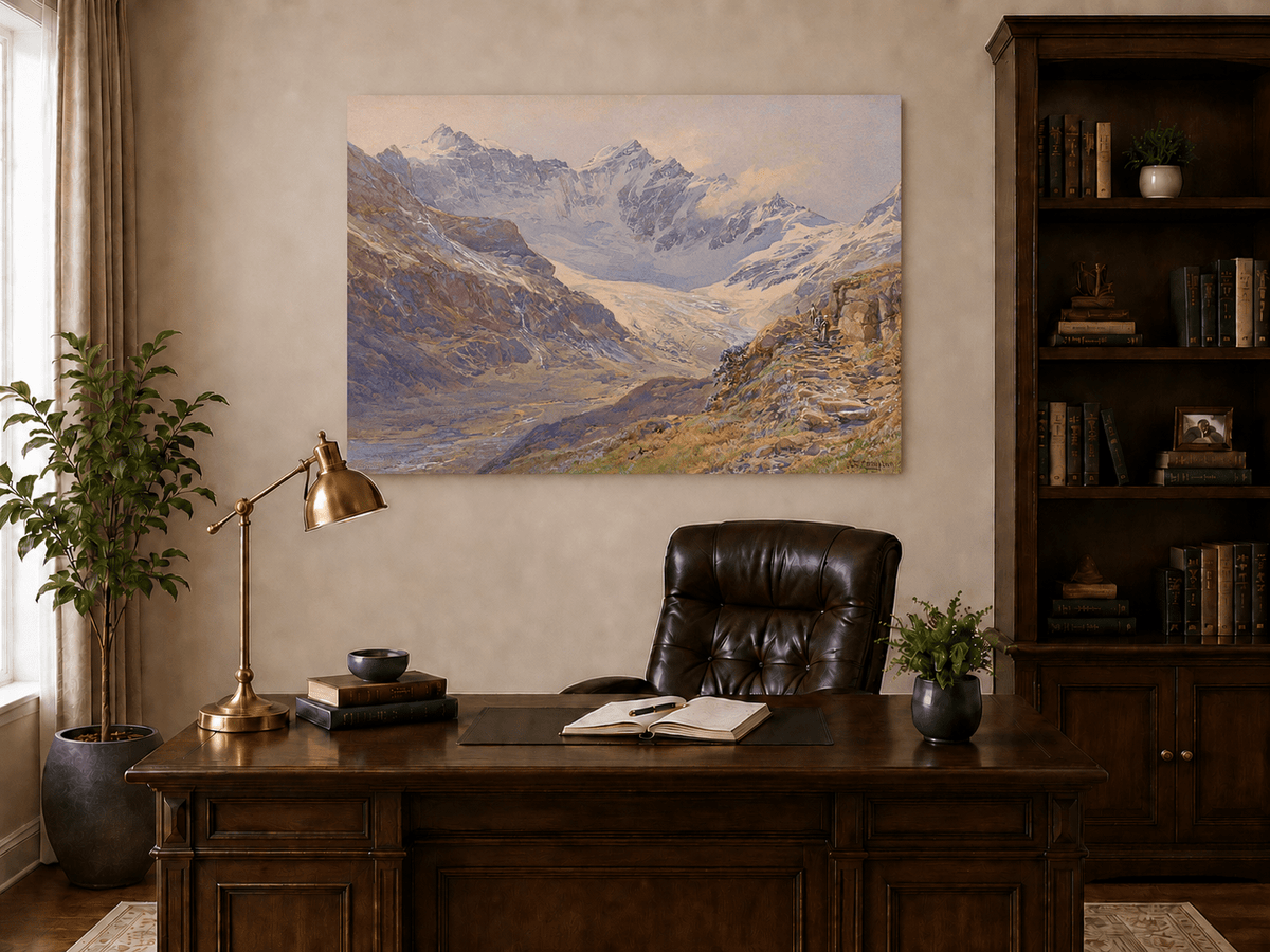 Peinture à l'huile de paysage | Vallée enneigée avec sentier rocheux glaciaire