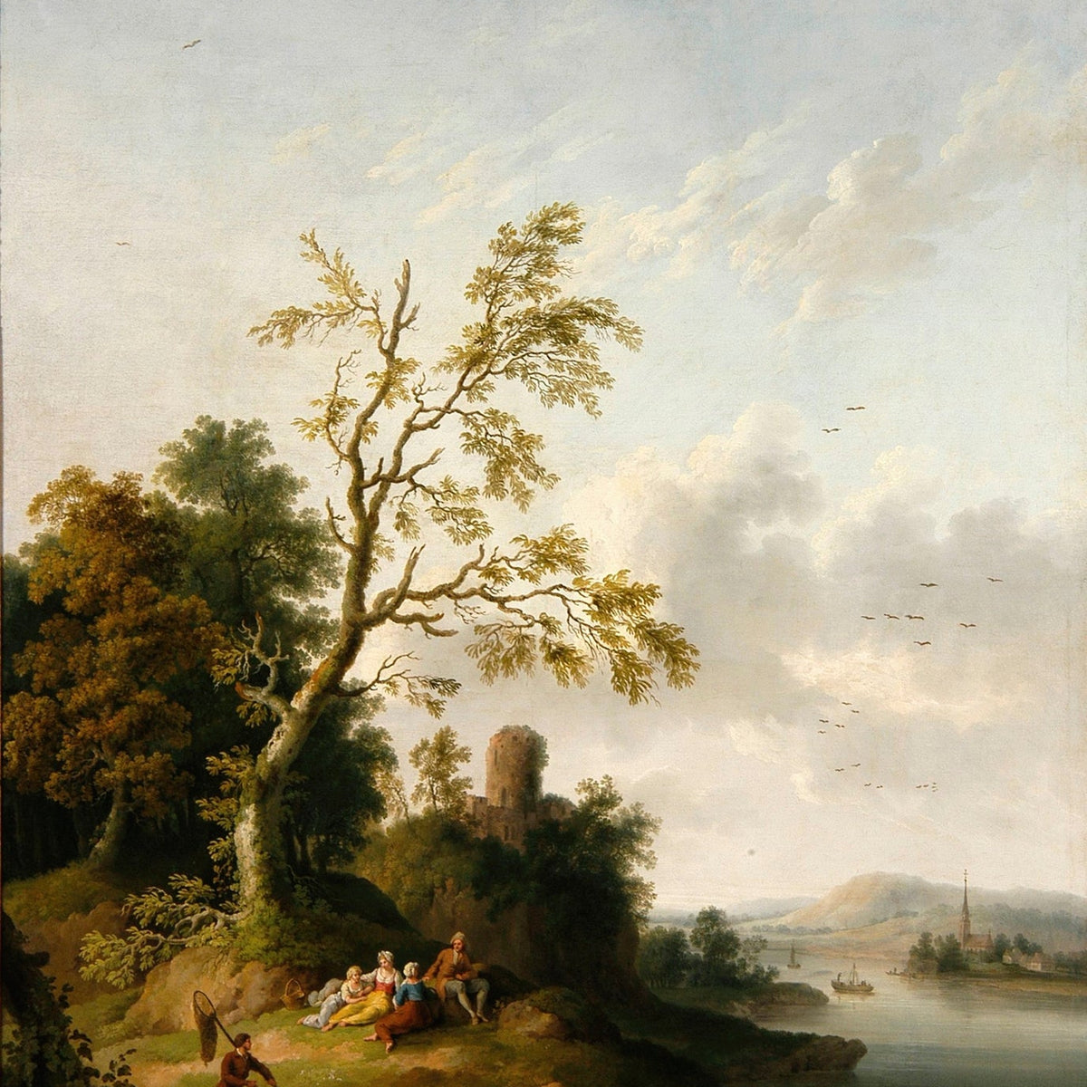 Landscape Oil Painting - Large Tree, Figures, Ruined Tower & Village - Oil Painting Haven