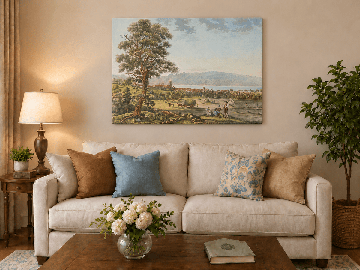 Peinture à l'huile de paysage - Gouffre rocheux spectaculaire avec personnages