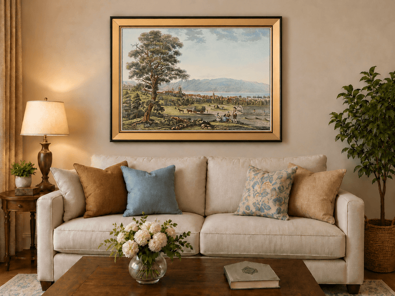 Peinture à l'huile de paysage - Gouffre rocheux spectaculaire avec personnages