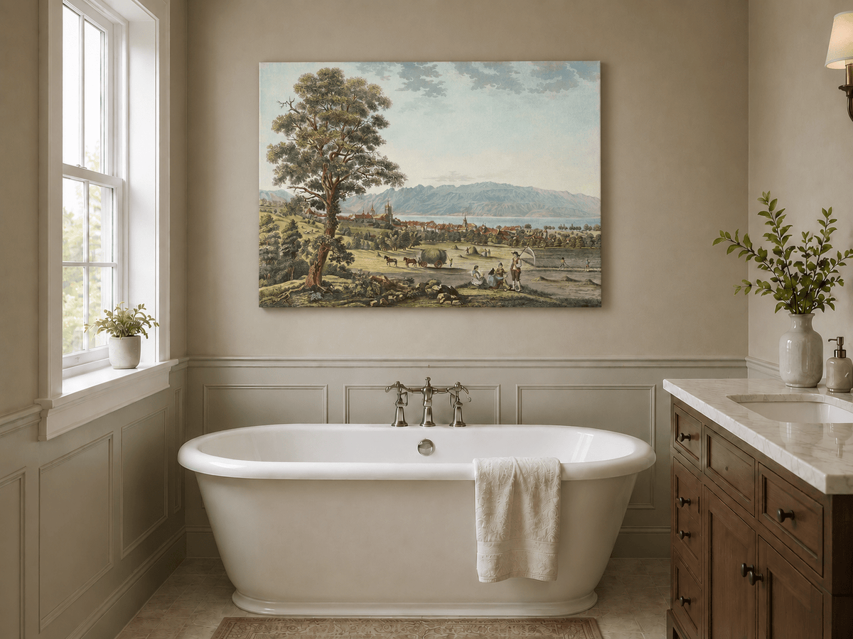 Peinture à l'huile de paysage - Gouffre rocheux spectaculaire avec personnages