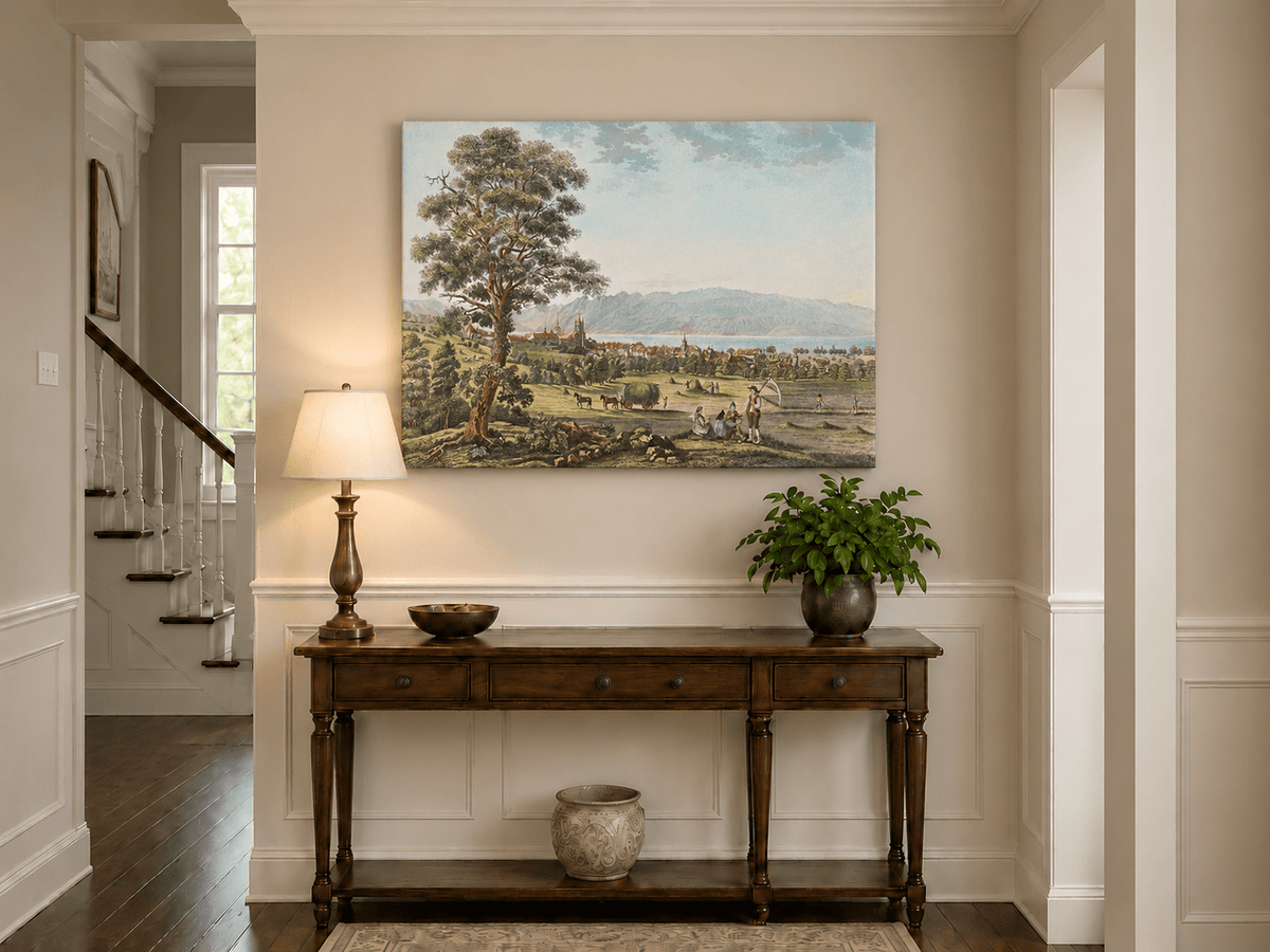 Peinture à l'huile de paysage - Gouffre rocheux spectaculaire avec personnages