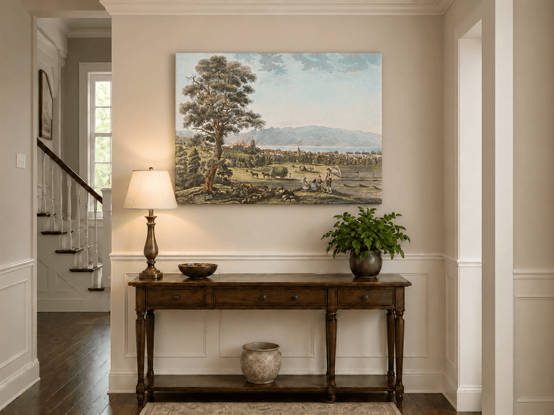 Peinture à l'huile de paysage - Gouffre rocheux spectaculaire avec personnages