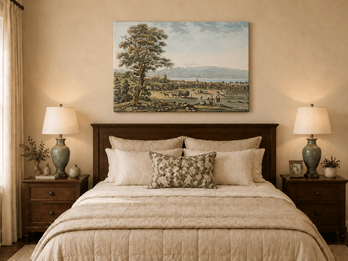 Peinture à l'huile de paysage - Gouffre rocheux spectaculaire avec personnages