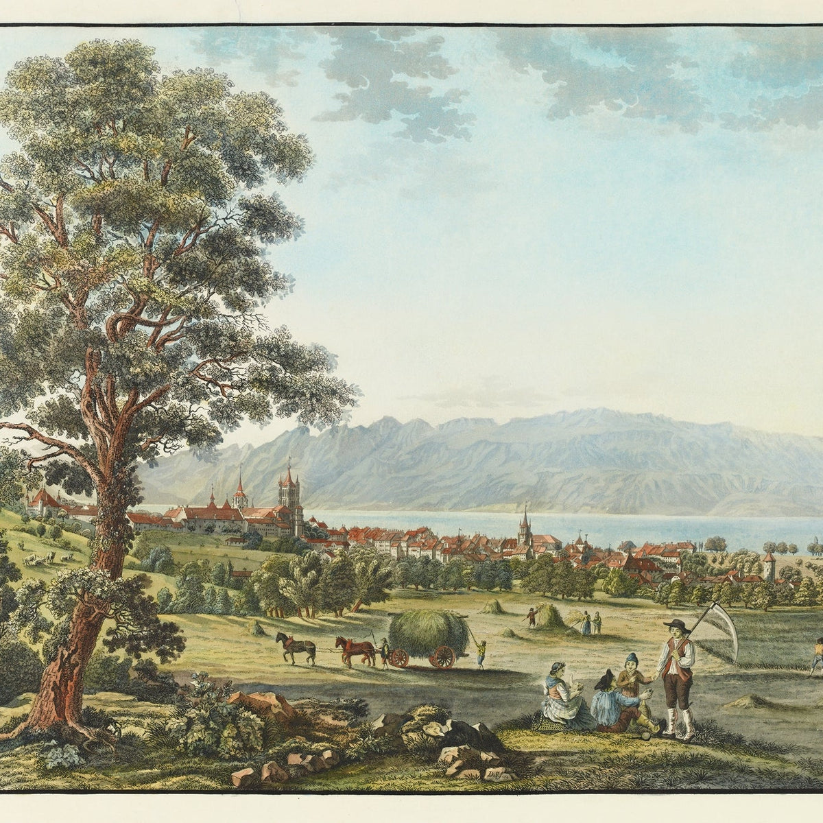 Hand-painted lausanne and lake geneva with harvesters landscape oil painting on canvas