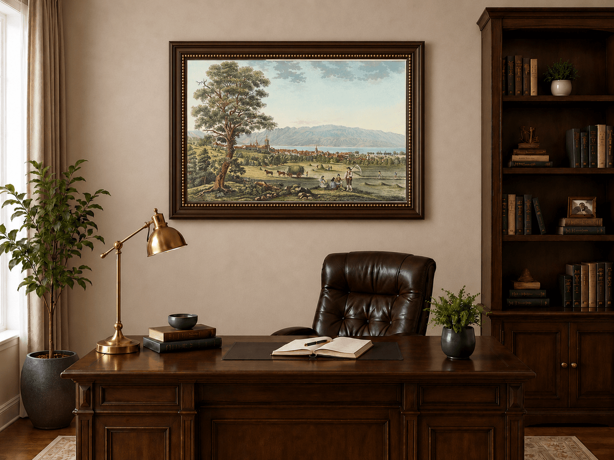 Peinture à l'huile de paysage - Gouffre rocheux spectaculaire avec personnages