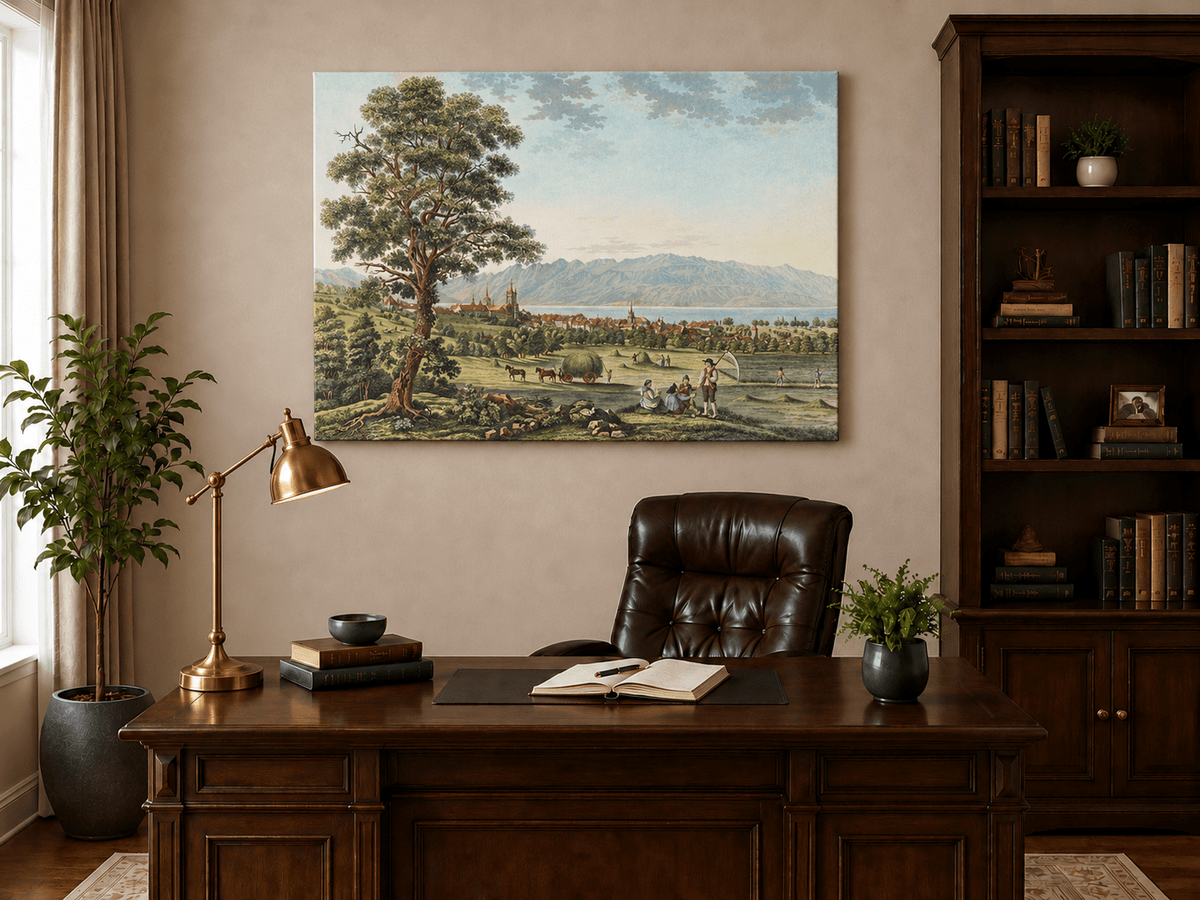 Peinture à l'huile de paysage - Gouffre rocheux spectaculaire avec personnages