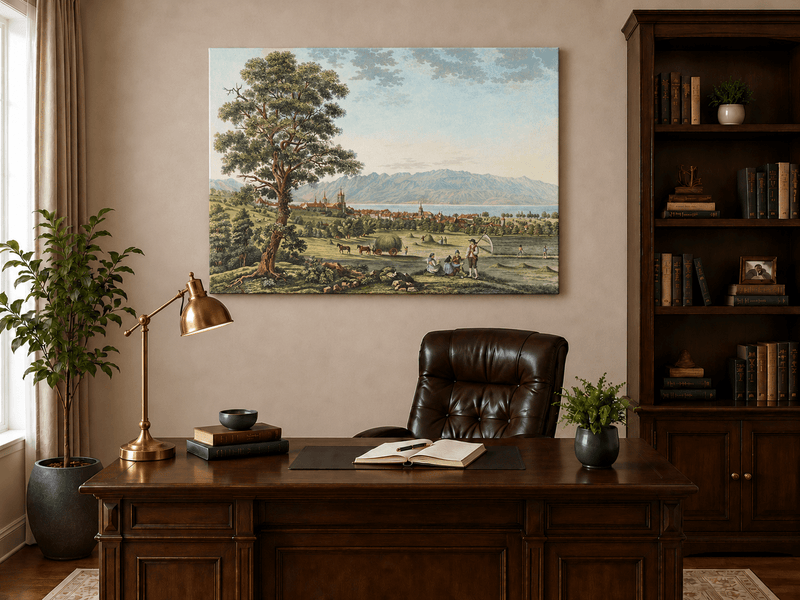 Peinture à l'huile de paysage - Gouffre rocheux spectaculaire avec personnages