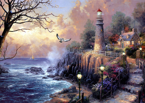 Landscape Oil Painting - Lighthouse & Stone Cottage Coastal Sunset - Oil Painting Haven