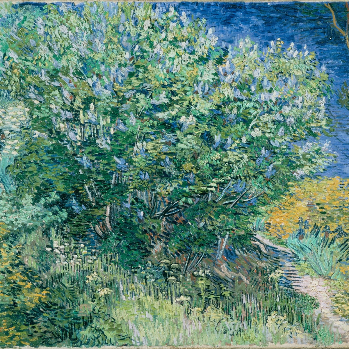 Hand-painted lilac bush garden with blue fence path landscape oil painting on canvas